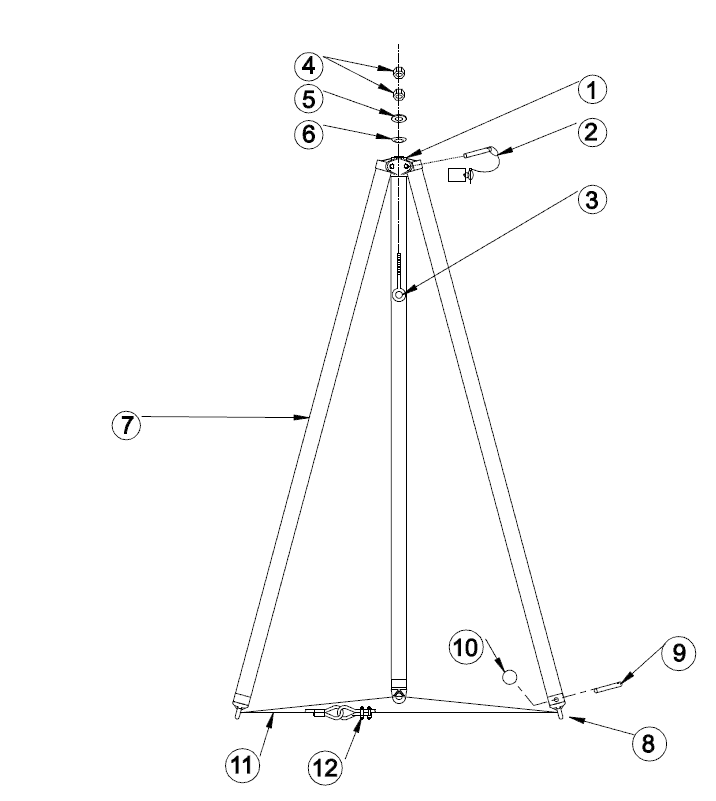 Aluminum 1/2-Ton Fixed-Height Tripod Crane (4-10142) | Parts Location Diagram | Wallace Cranes